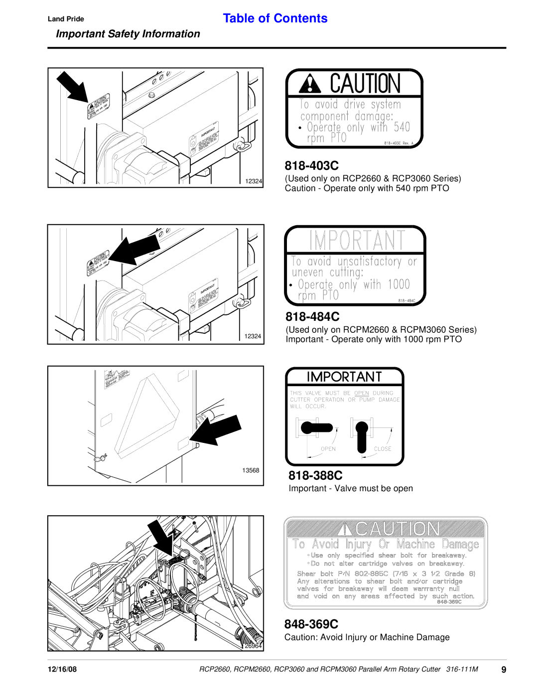 Land Pride RCP2660, RCP3060, RCPM3060, RCPM2660 manual 818-403C, 818-484C, 818-388C, 848-369C 