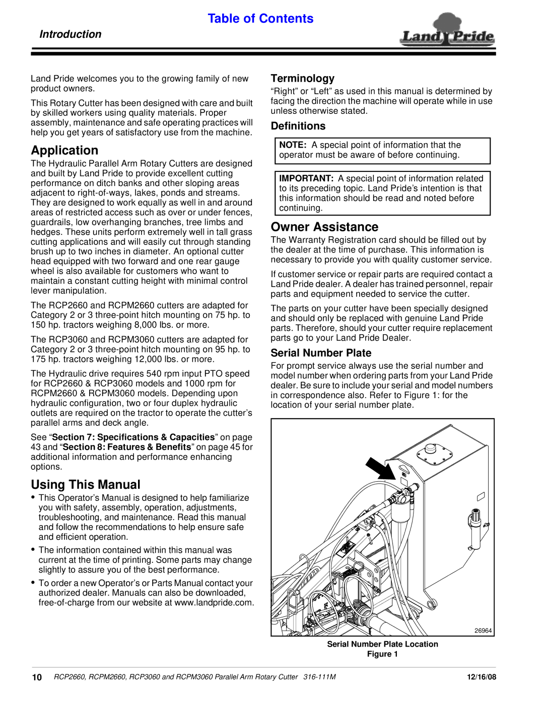 Land Pride RCP3060, RCPM3060, RCPM2660, RCP2660 manual Application, Using This Manual, Owner Assistance 