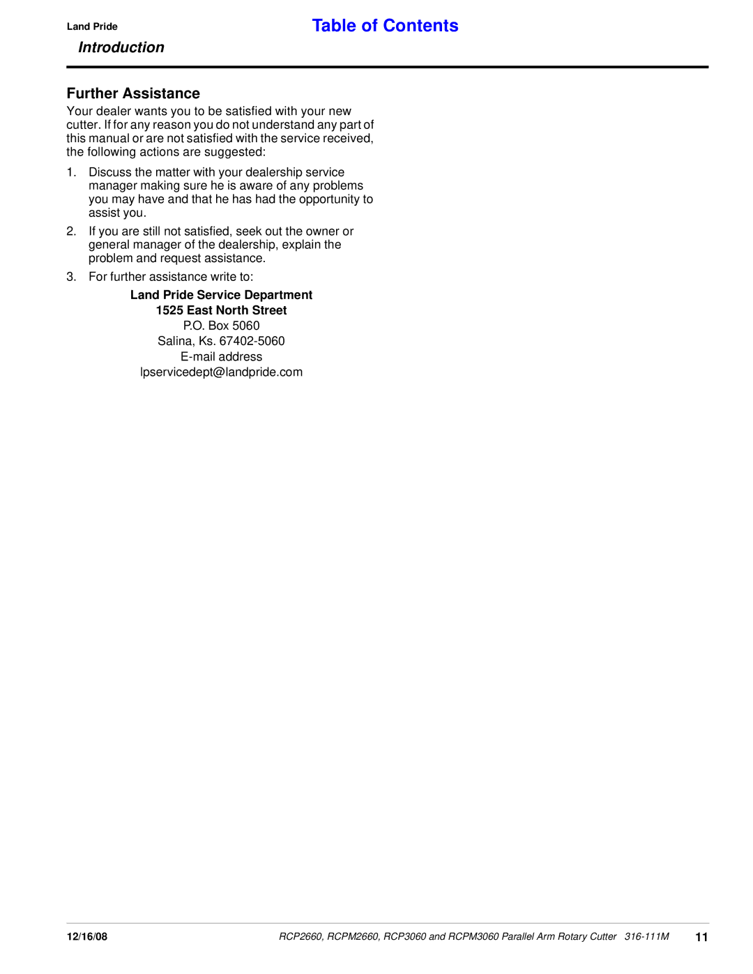 Land Pride RCPM3060, RCP3060, RCPM2660, RCP2660 manual Further Assistance, Land Pride Service Department East North Street 