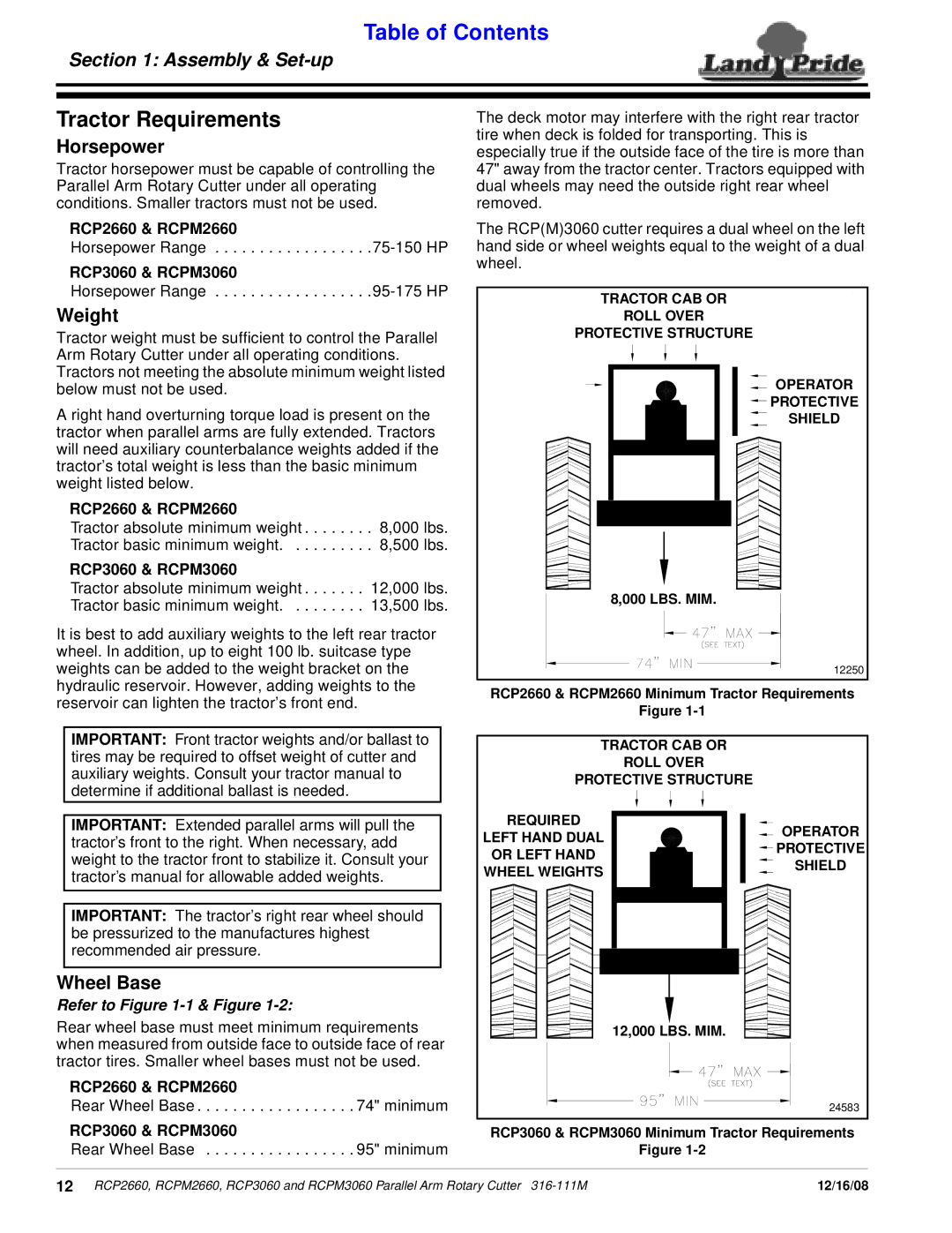 Land Pride RCPM2660, RCP3060, RCPM3060, RCP2660 Tractor Requirements, Horsepower, Weight, Wheel Base, Refer to -1& Figure 