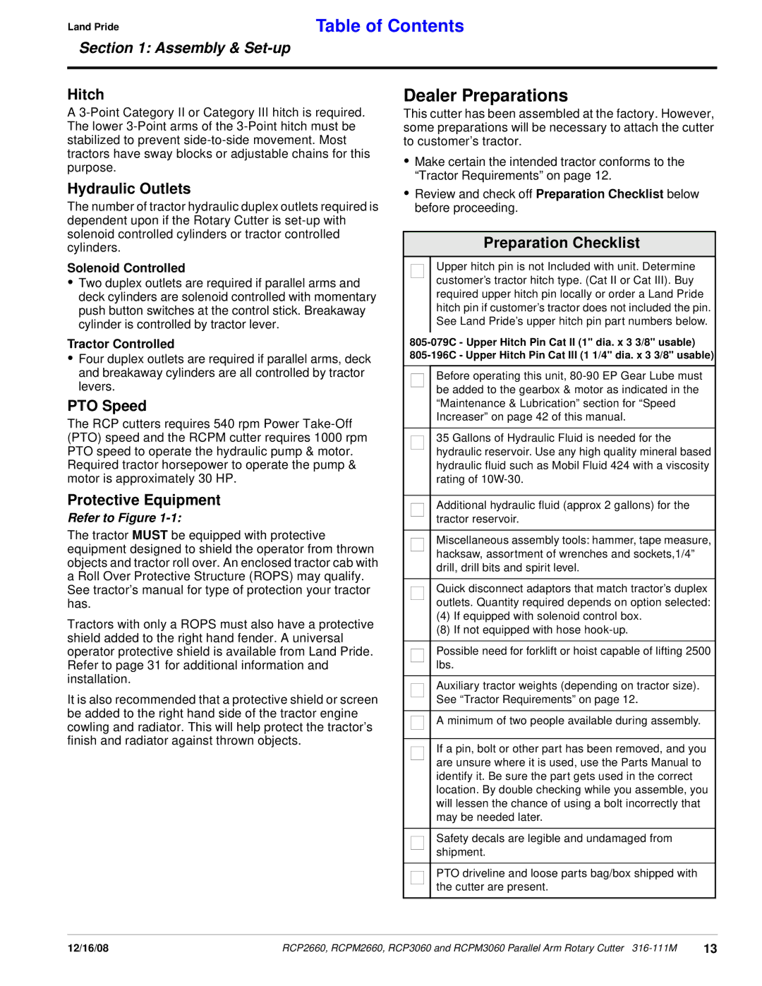 Land Pride RCP2660, RCP3060, RCPM3060 manual Dealer Preparations, Hitch, Hydraulic Outlets, PTO Speed, Preparation Checklist 