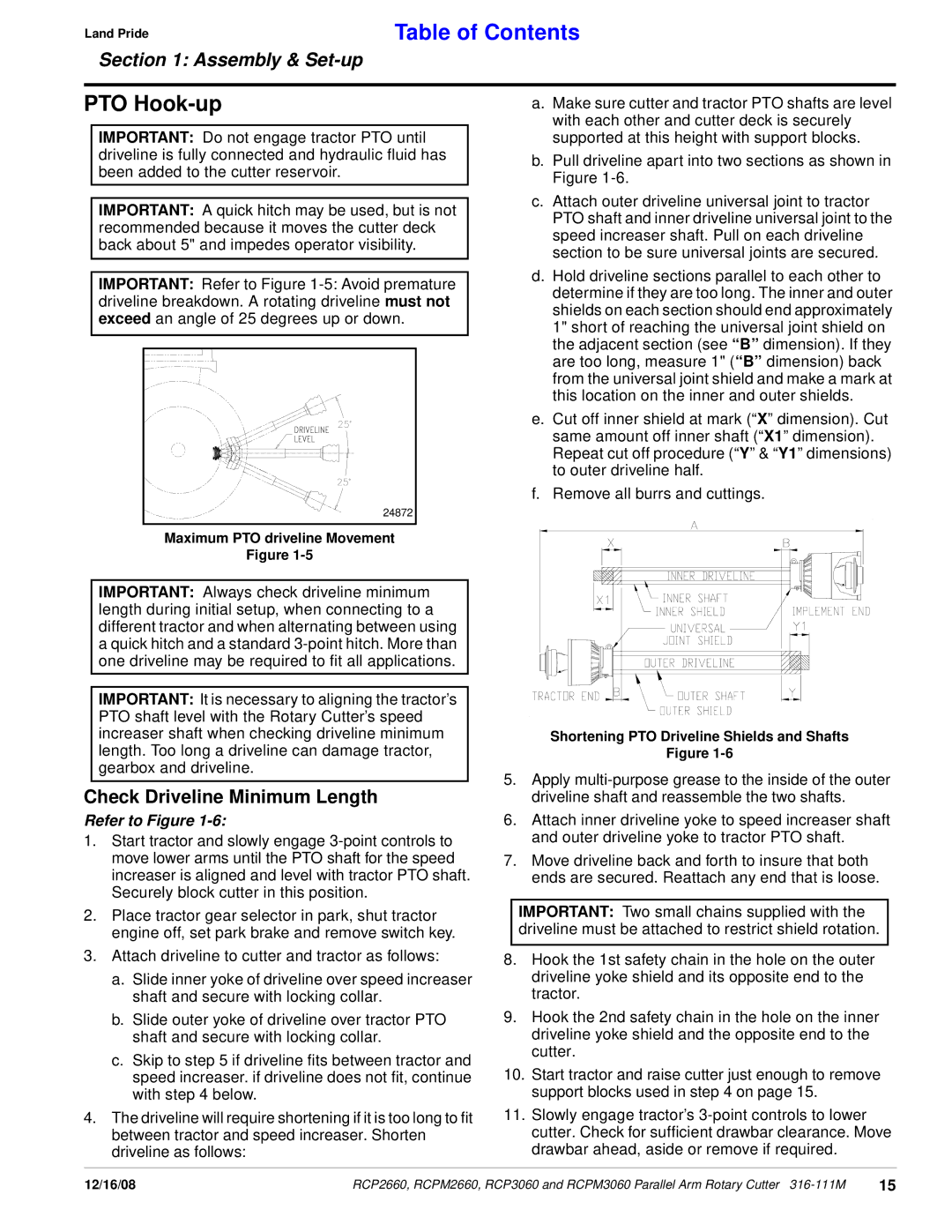 Land Pride RCPM3060, RCP3060, RCPM2660, RCP2660 PTO Hook-up, Check Driveline Minimum Length, Maximum PTO driveline Movement 