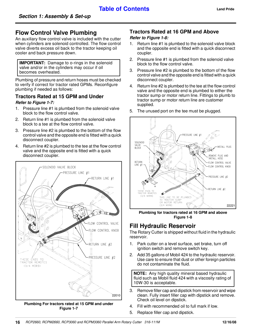 Land Pride RCPM2660, RCP3060 Flow Control Valve Plumbing, Fill Hydraulic Reservoir, Tractors Rated at 15 GPM and Under 