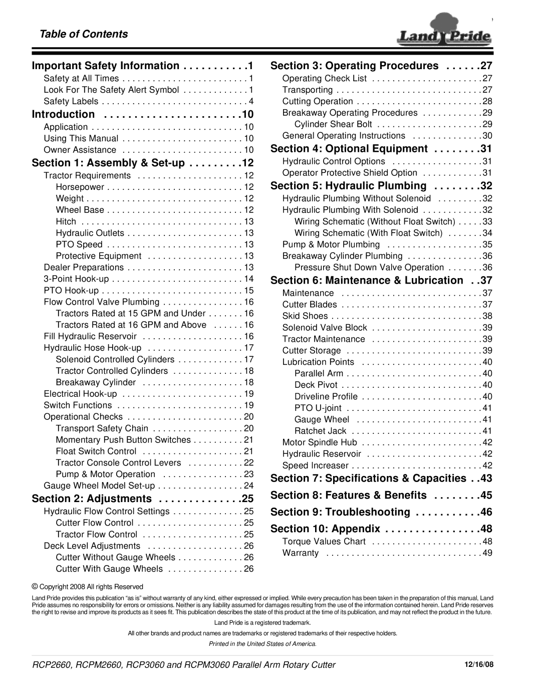 Land Pride RCPM2660, RCP3060, RCPM3060, RCP2660 manual Table of Contents 