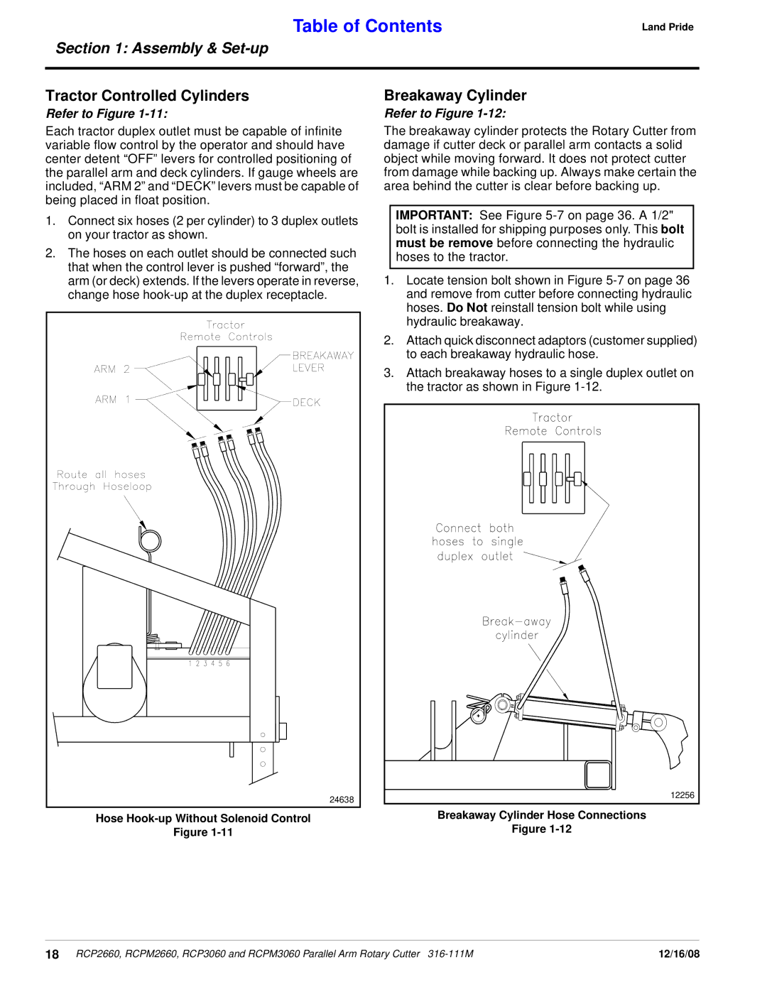 Land Pride RCP3060, RCPM3060, RCPM2660, RCP2660 manual Tractor Controlled Cylinders, Breakaway Cylinder 