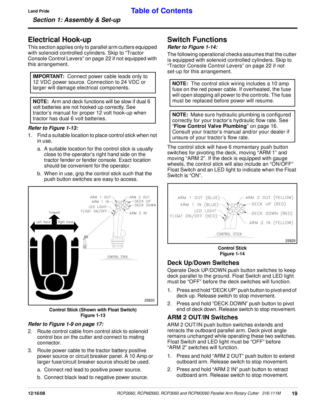 Land Pride RCPM3060 Electrical Hook-up, Switch Functions, Deck Up/Down Switches, ARM 2 OUT/IN Switches, Refer to -9 on 