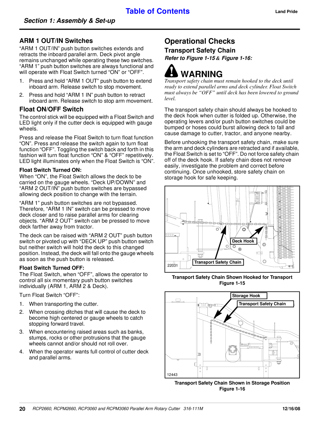 Land Pride RCPM2660, RCP3060 manual Operational Checks, ARM 1 OUT/IN Switches, Transport Safety Chain, Float ON/OFF Switch 