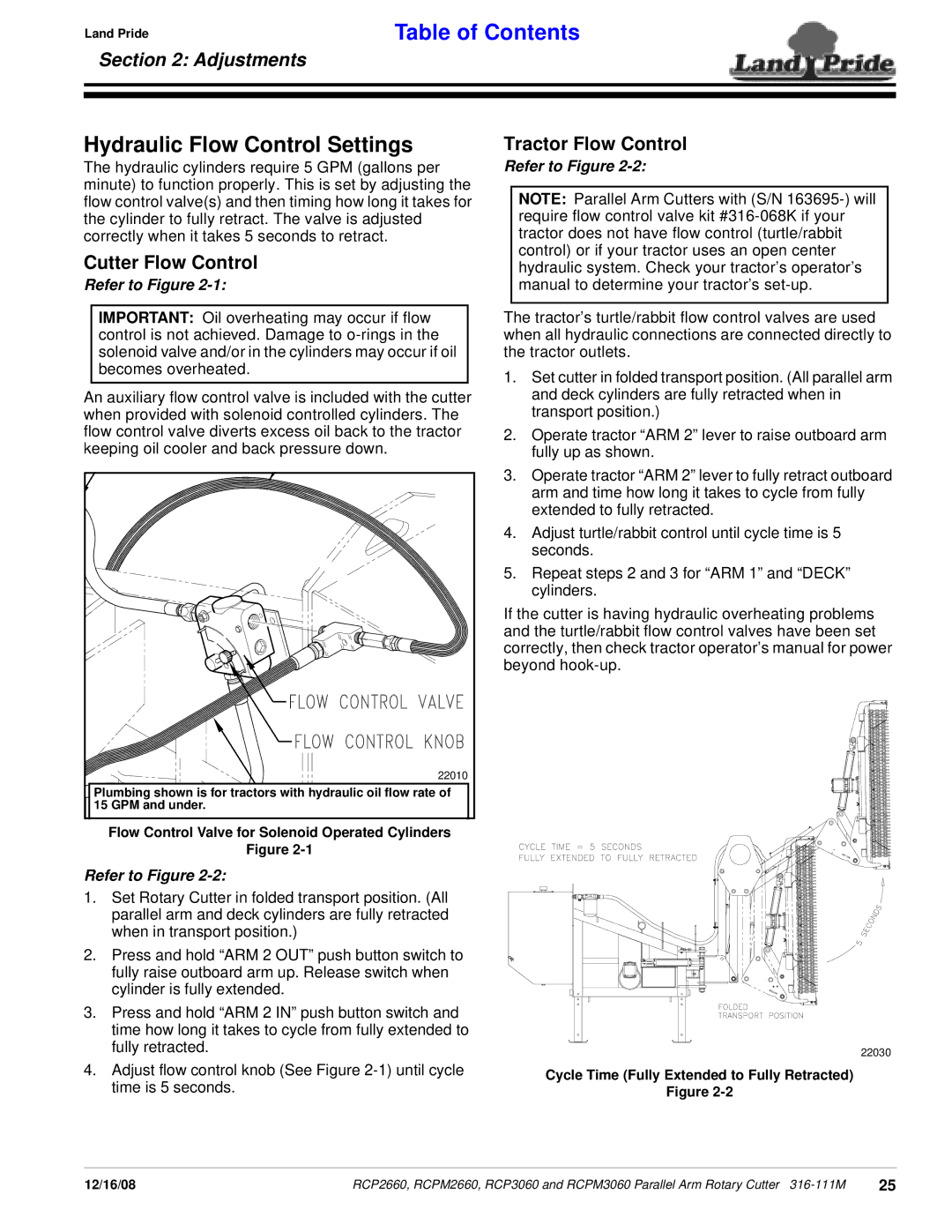 Land Pride RCP2660, RCP3060, RCPM3060, RCPM2660 Hydraulic Flow Control Settings, Cutter Flow Control, Tractor Flow Control 