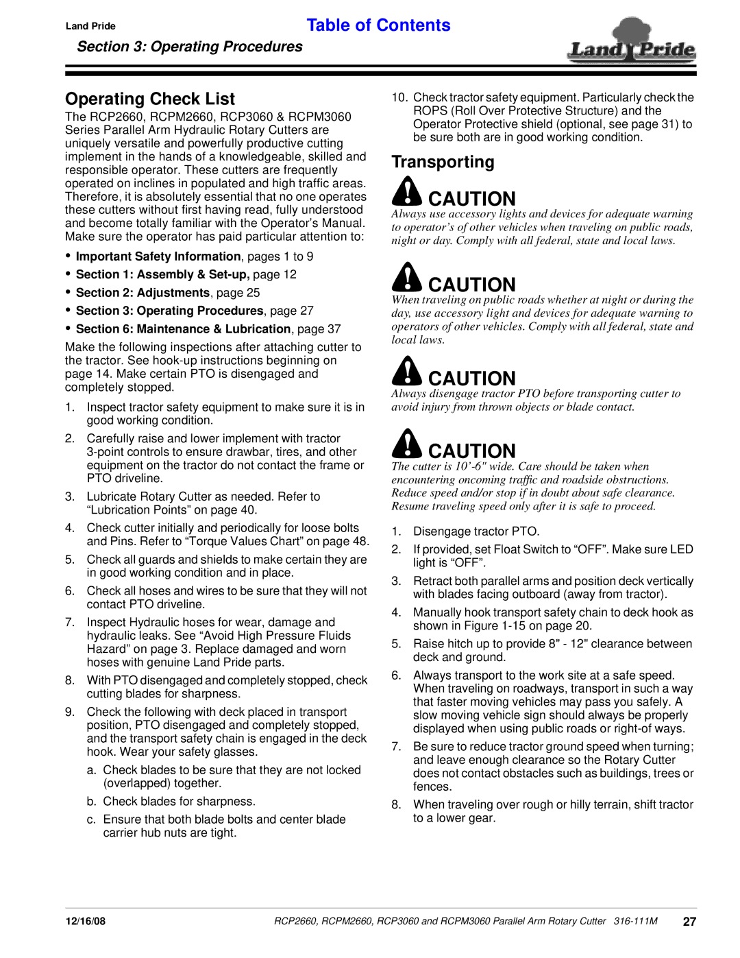 Land Pride RCPM3060, RCP3060, RCPM2660, RCP2660 manual Operating Check List, Transporting 