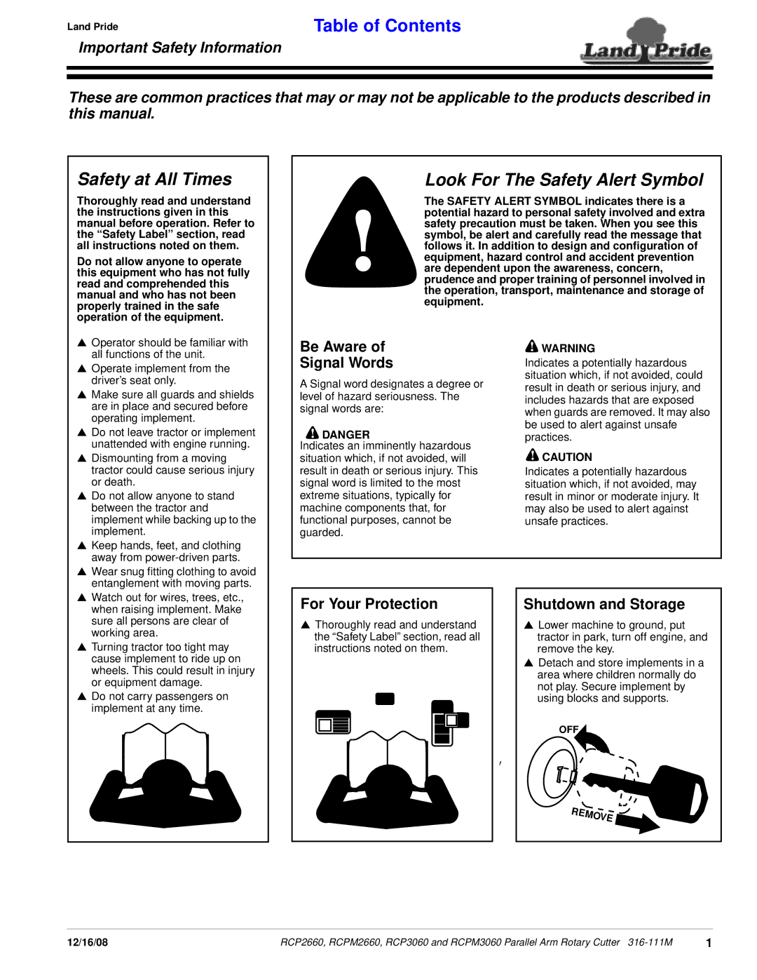 Land Pride RCP2660, RCP3060, RCPM3060, RCPM2660 manual Safety at All Times 