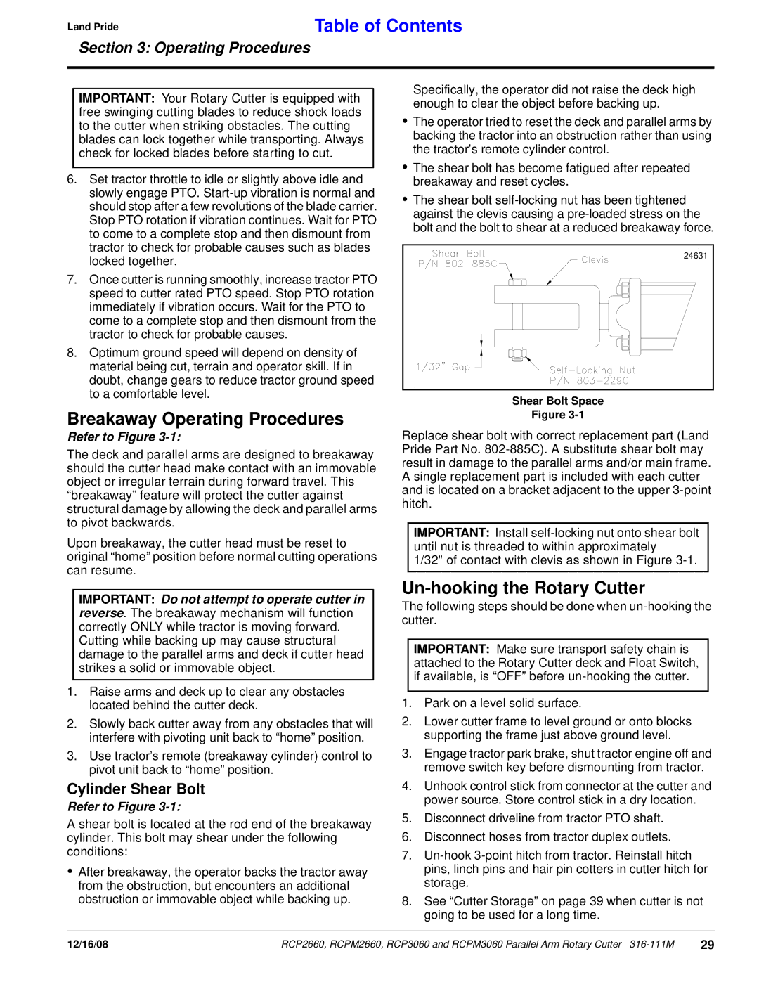 Land Pride RCP2660 Breakaway Operating Procedures, Un-hooking the Rotary Cutter, Cylinder Shear Bolt, Shear Bolt Space 