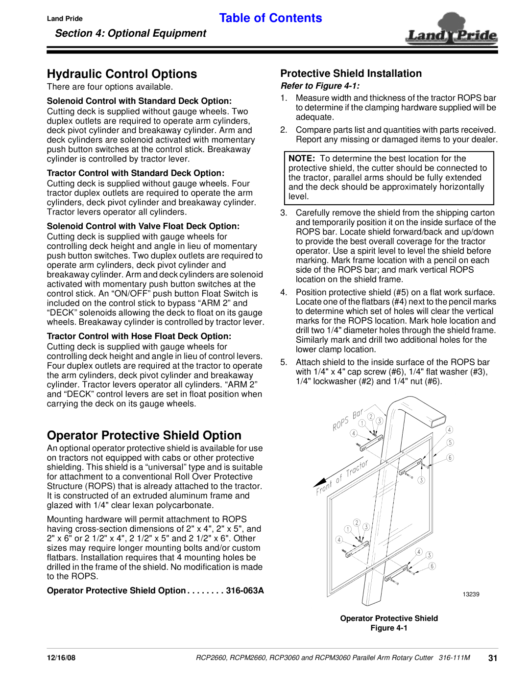 Land Pride RCPM3060, RCP3060 Hydraulic Control Options, Operator Protective Shield Option, Protective Shield Installation 