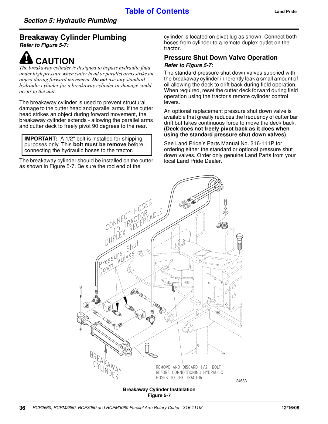 Land Pride RCPM2660 manual Breakaway Cylinder Plumbing, Pressure Shut Down Valve Operation, Breakaway Cylinder Installation 