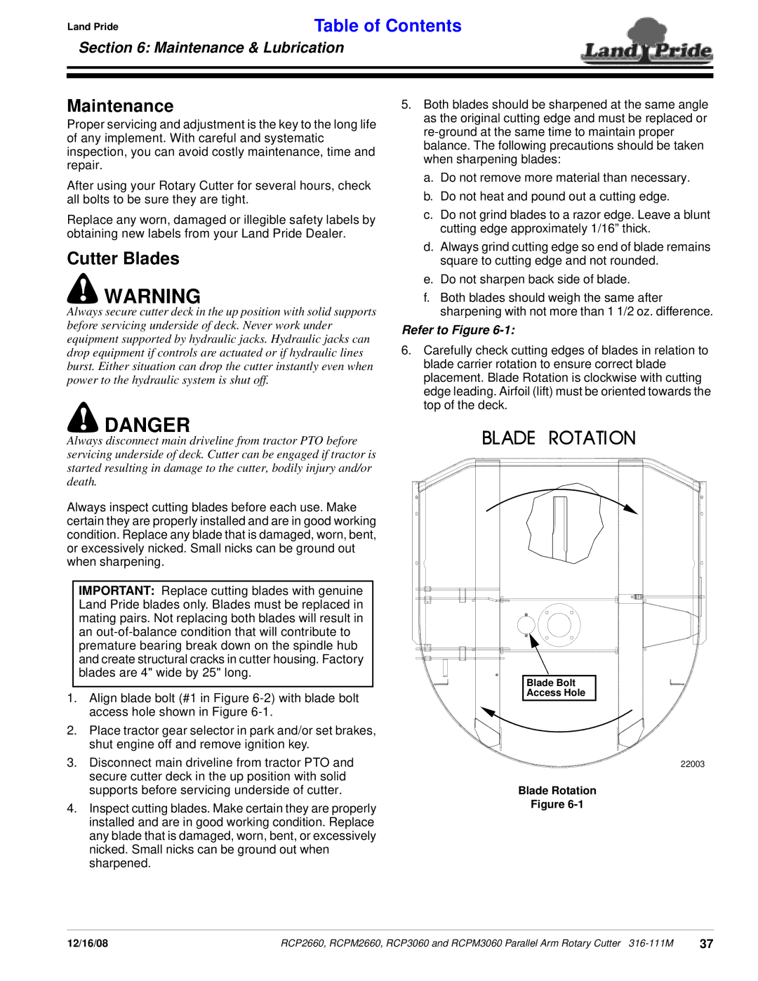 Land Pride RCP2660, RCP3060, RCPM3060, RCPM2660 manual Maintenance, Cutter Blades, Blade Rotation 