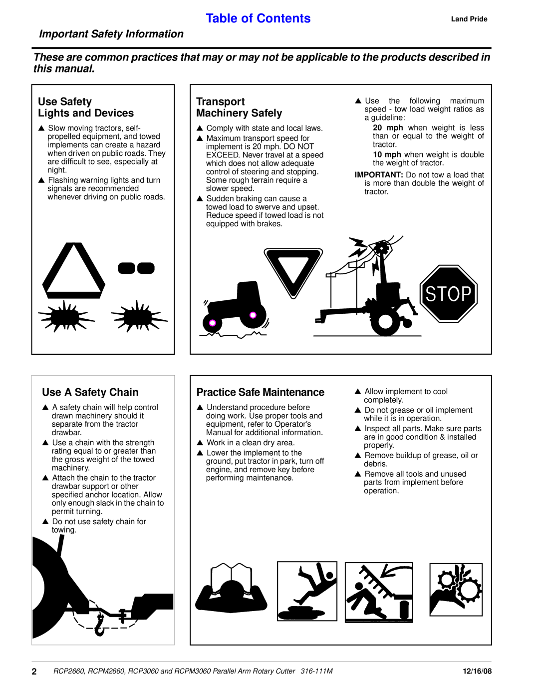 Land Pride RCP3060, RCPM3060, RCPM2660 manual Use Safety Lights and Devices, Transport Machinery Safely, Use a Safety Chain 