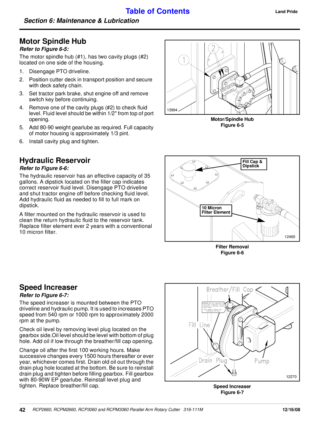 Land Pride RCP3060, RCPM3060, RCPM2660, RCP2660 manual Motor Spindle Hub, Hydraulic Reservoir, Speed Increaser 