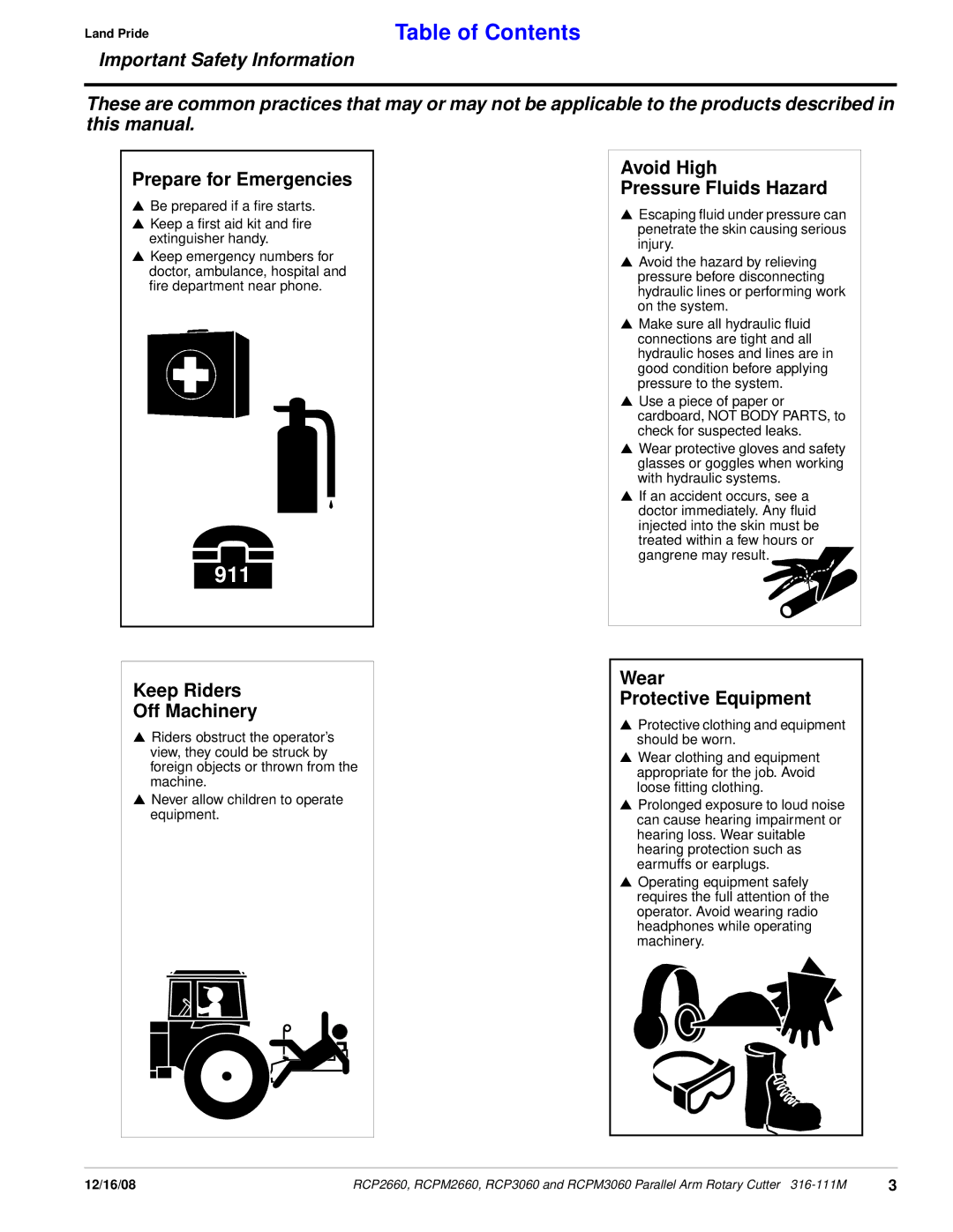 Land Pride RCPM3060, RCP3060, RCP2660 Prepare for Emergencies, Keep Riders Off Machinery, Avoid High Pressure Fluids Hazard 