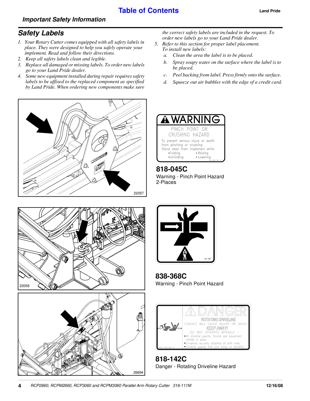 Land Pride RCPM2660, RCP3060, RCPM3060, RCP2660 manual Safety Labels, 818-045C 838-368C 