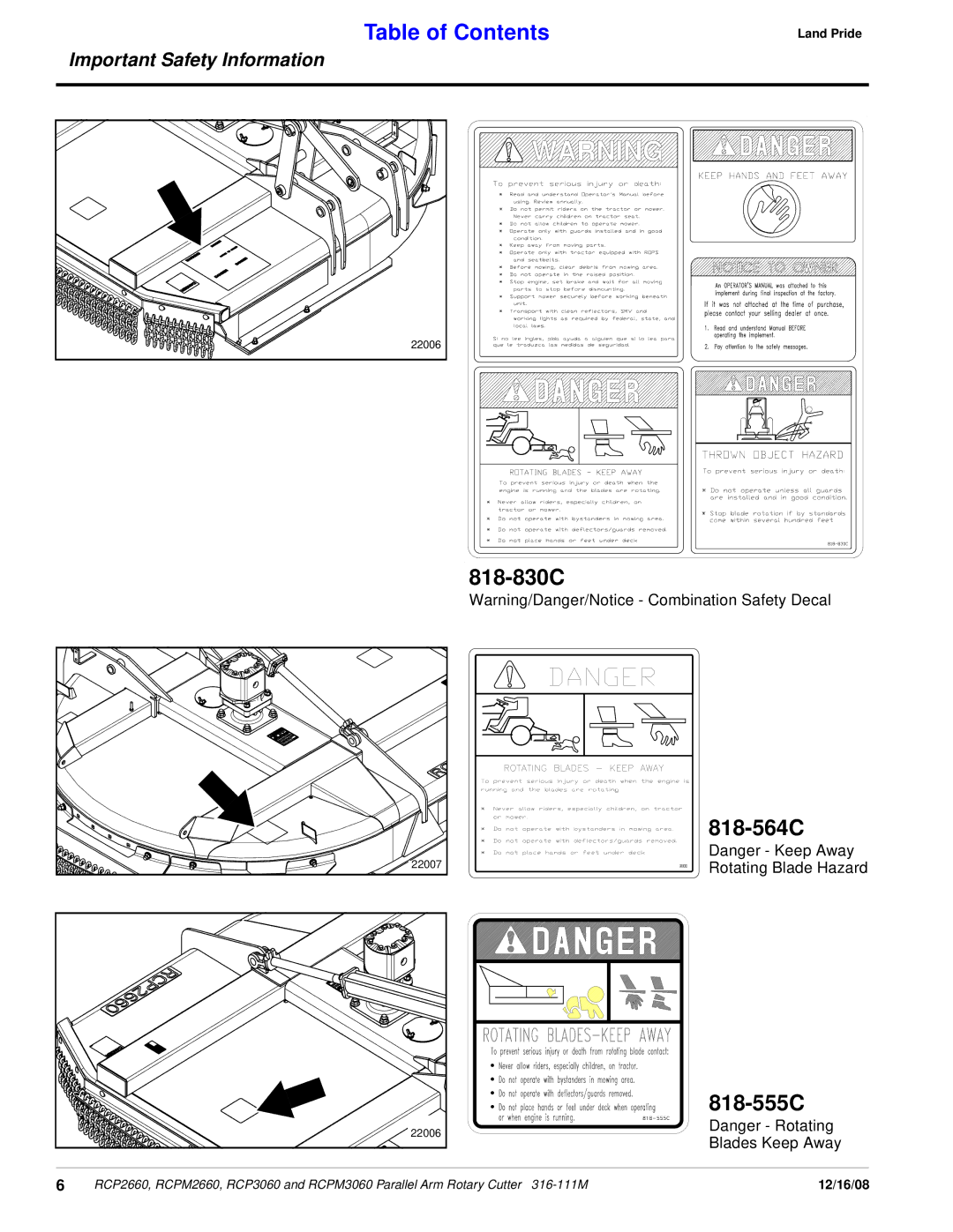 Land Pride RCP3060, RCPM3060, RCPM2660, RCP2660 manual 818-555C, Blades Keep Away 