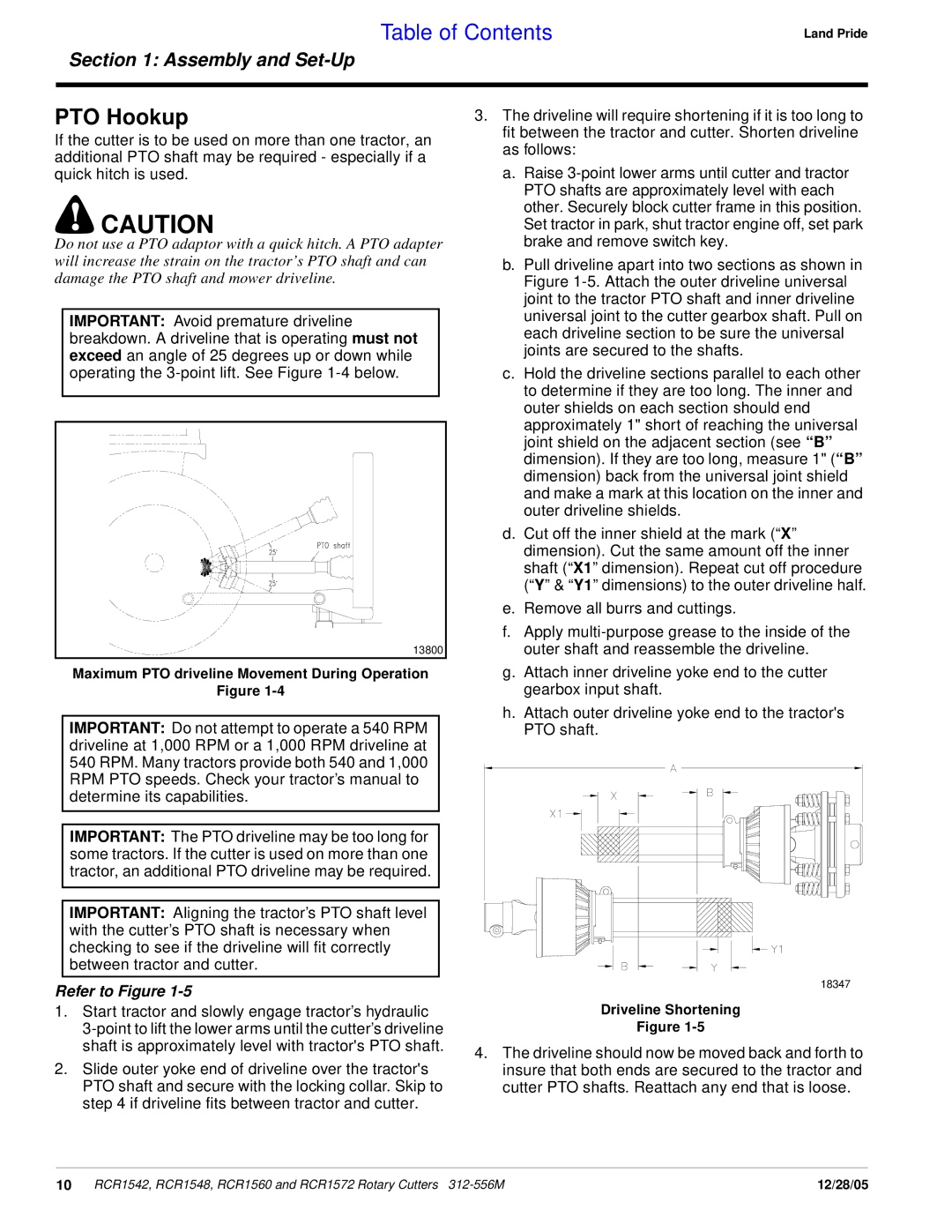 Land Pride RCR1560, RCR1572, RCR1542 manual PTO Hookup, Maximum PTO driveline Movement During Operation, Driveline Shortening 