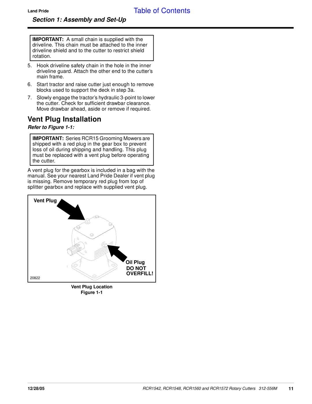 Land Pride RCR1572, RCR1560, RCR1542, RCR1548 manual Vent Plug Installation, Vent Plug Oil Plug, Vent Plug Location 