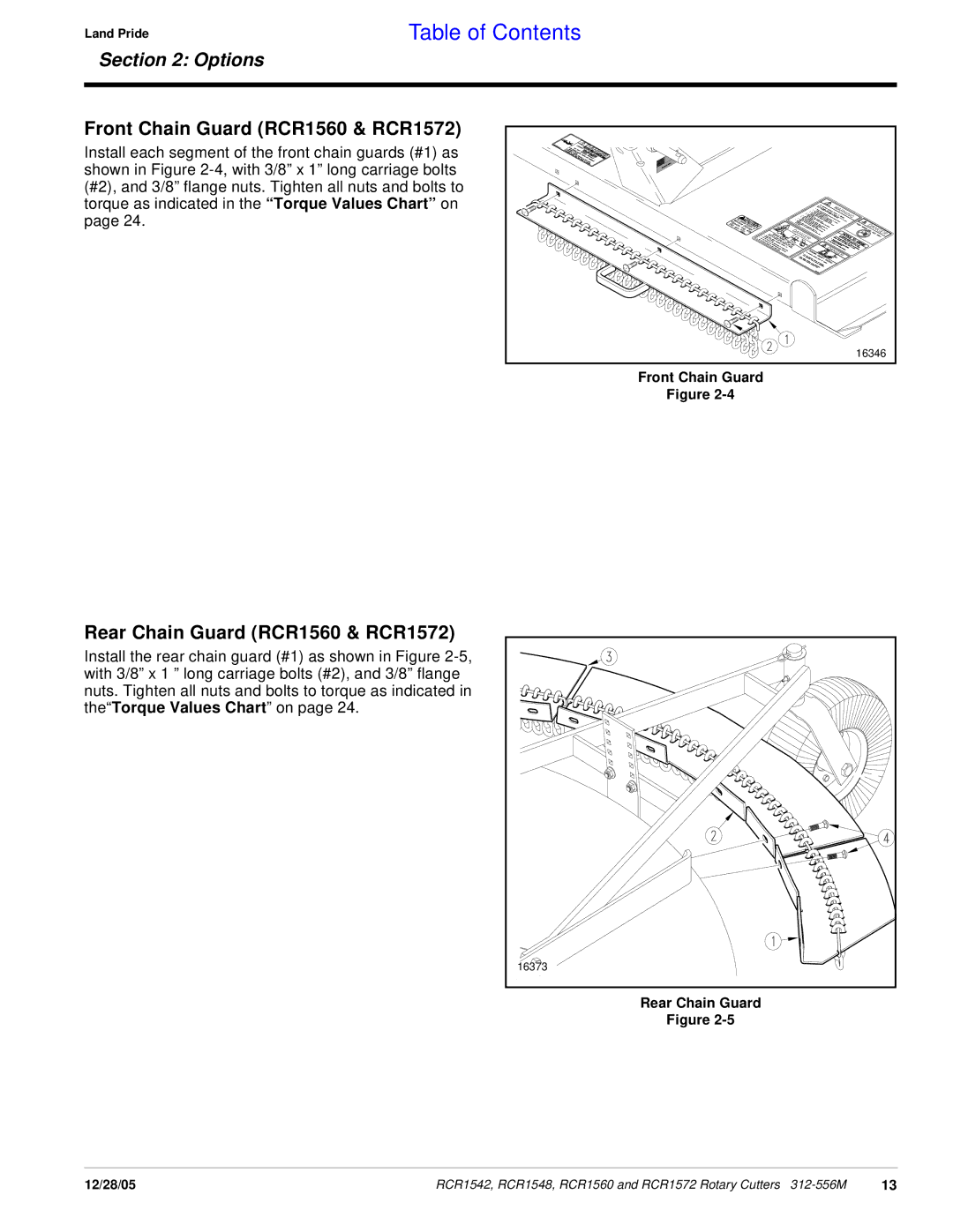 Land Pride RCR1548, RCR1542 manual Front Chain Guard RCR1560 & RCR1572, Rear Chain Guard RCR1560 & RCR1572 