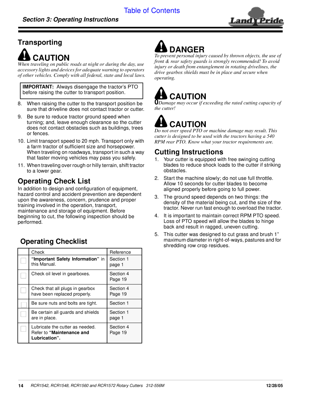 Land Pride RCR1560, RCR1572, RCR1542, RCR1548 Transporting, Operating Check List, Operating Checklist, Cutting Instructions 