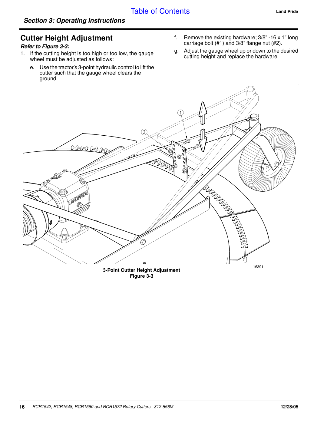 Land Pride RCR1542, RCR1560, RCR1572, RCR1548 manual Point Cutter Height Adjustment 