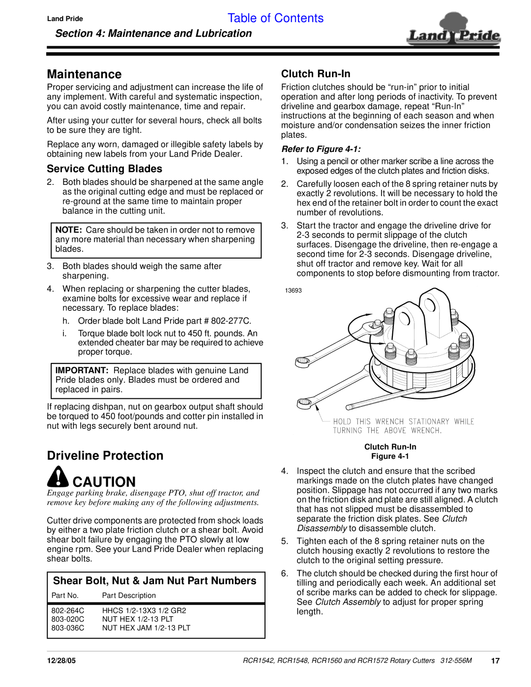 Land Pride RCR1548 manual Maintenance, Driveline Protection, Service Cutting Blades, Shear Bolt, Nut & Jam Nut Part Numbers 