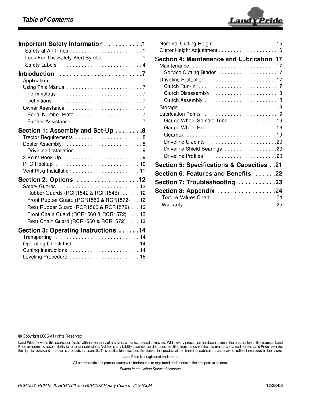 Land Pride RCR1542, RCR1560, RCR1572, RCR1548 manual Table of Contents 