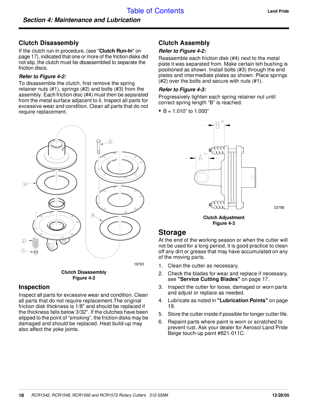 Land Pride RCR1560, RCR1572, RCR1542, RCR1548 manual Storage, Clutch Disassembly, Clutch Assembly, Inspection 