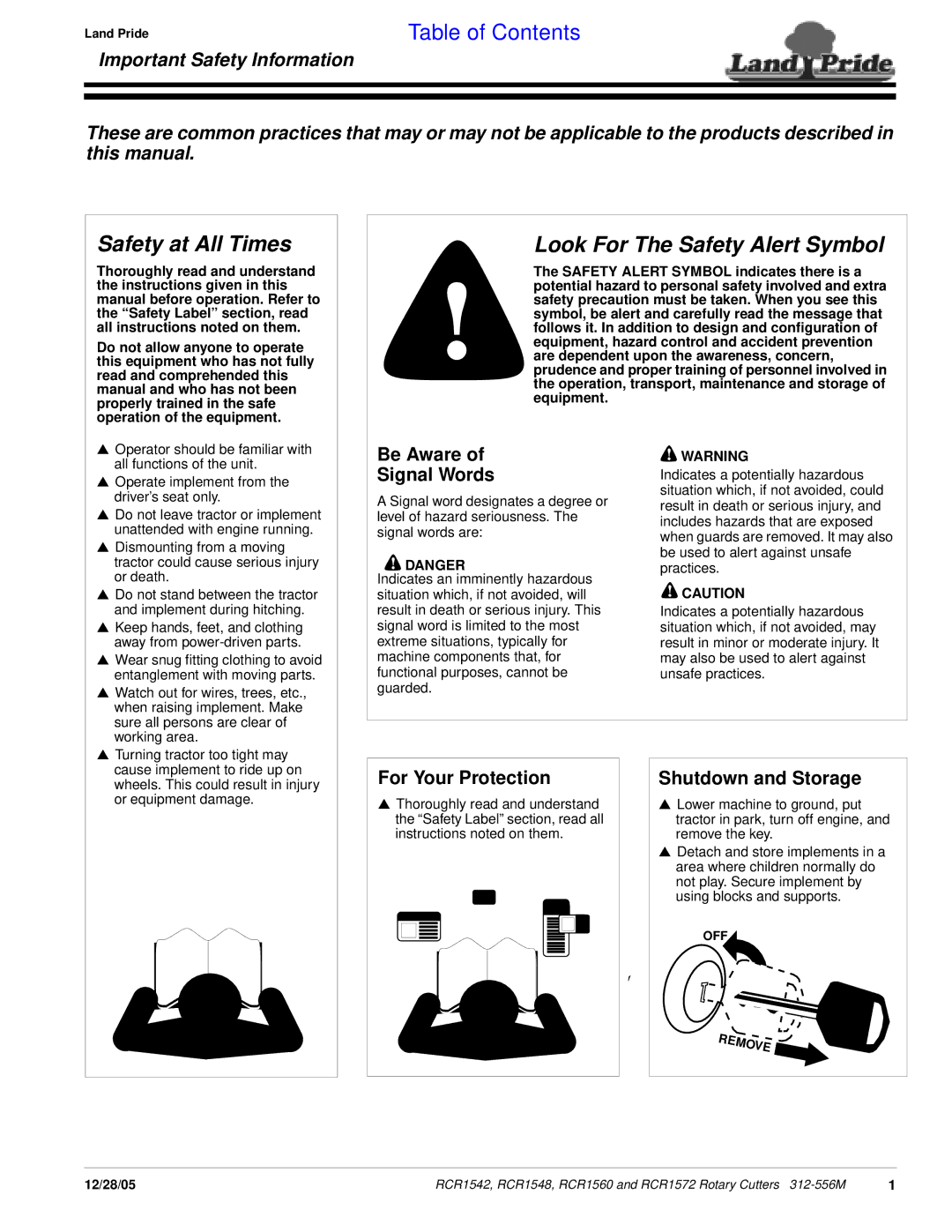 Land Pride RCR1548, RCR1560, RCR1572, RCR1542 manual Be Aware Signal Words, For Your Protection, Shutdown and Storage 