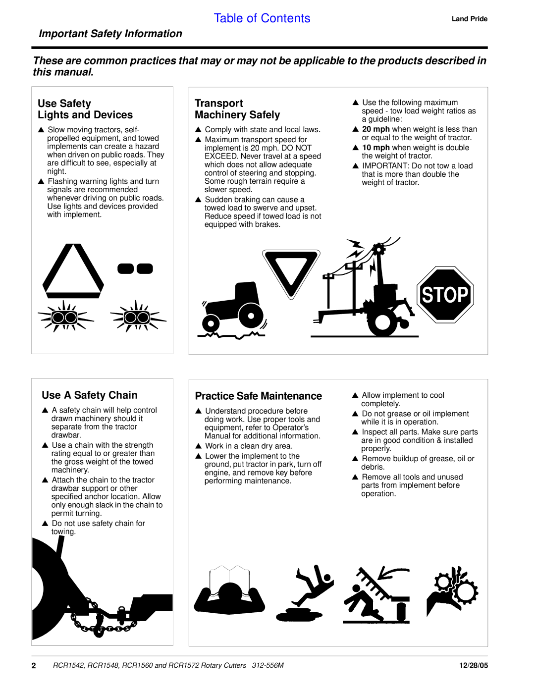 Land Pride RCR1560, RCR1572, RCR1542, RCR1548 Use Safety Lights and Devices, Transport Machinery Safely, Use a Safety Chain 