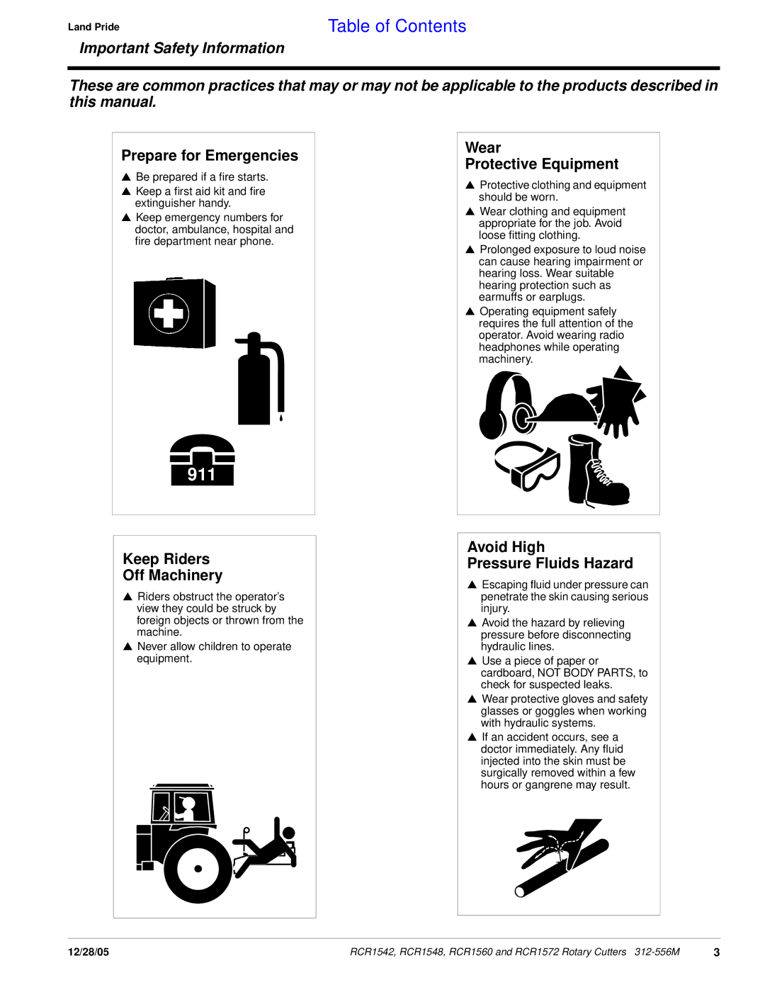 Land Pride RCR1572, RCR1560, RCR1542, RCR1548 Prepare for Emergencies, Wear Protective Equipment, Keep Riders Off Machinery 