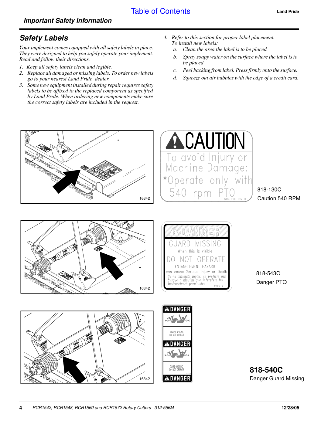 Land Pride RCR1542, RCR1560, RCR1572, RCR1548 manual Safety Labels, 818-540C 