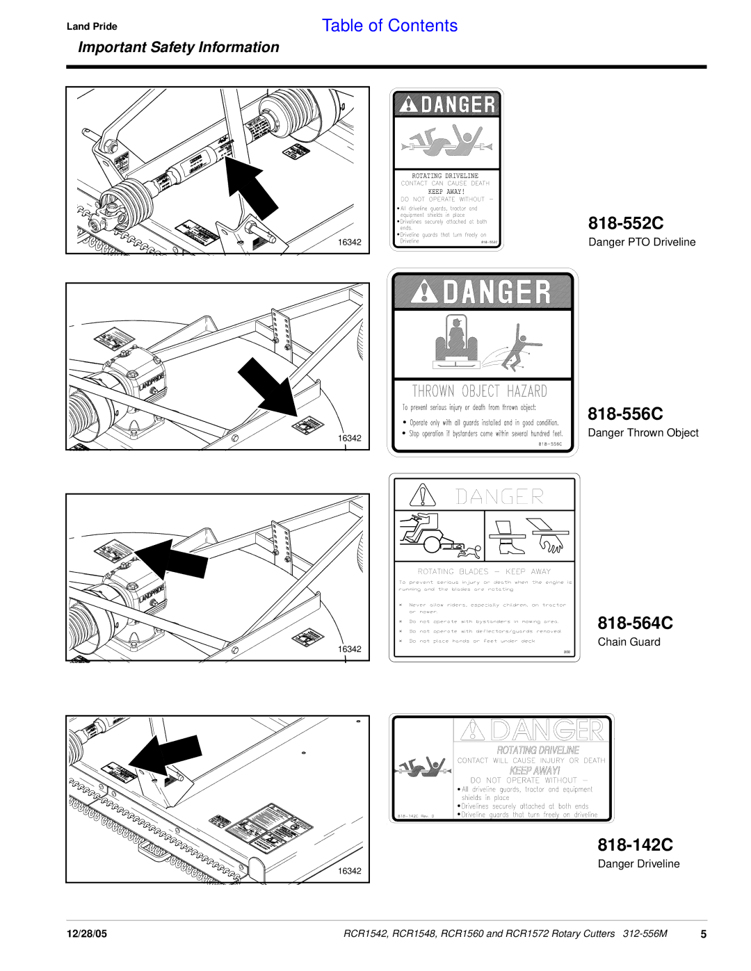 Land Pride RCR1548, RCR1560, RCR1572, RCR1542 manual 818-552C 818-556C 818-564C, 818-142C 