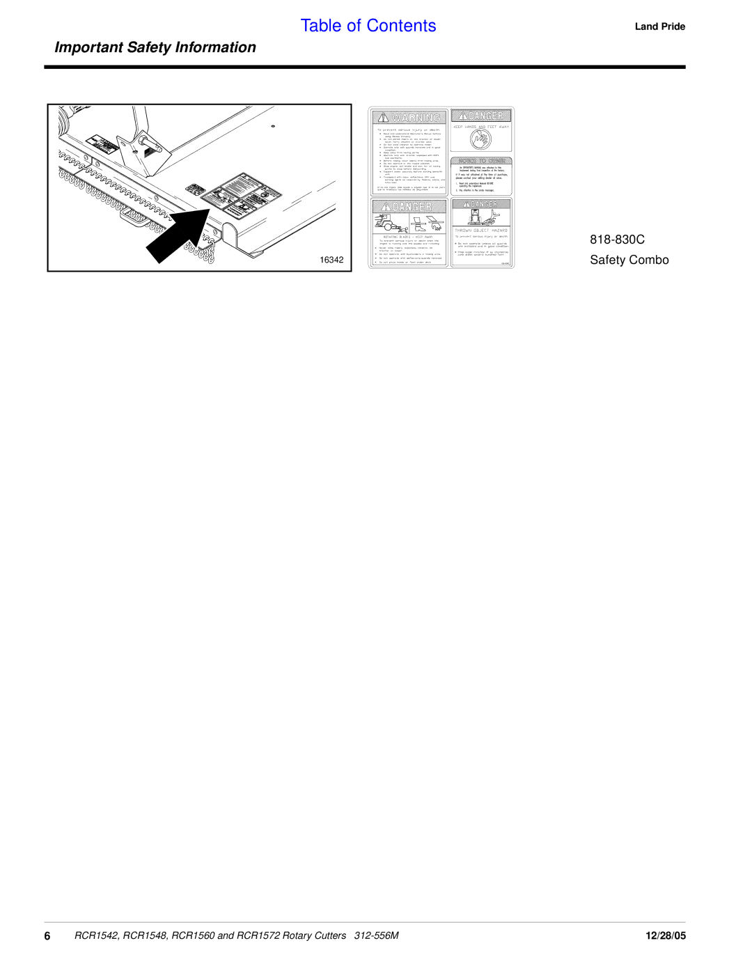 Land Pride RCR1560, RCR1572, RCR1542, RCR1548 manual 818-830C Safety Combo 