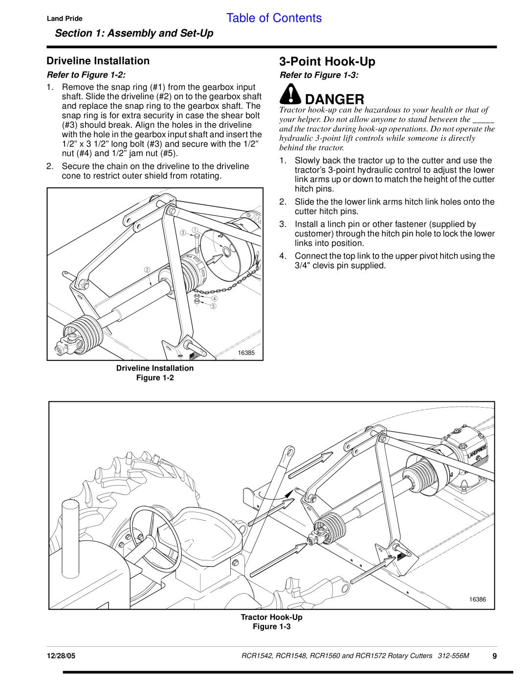 Land Pride RCR1548 Danger, Point Hook-Up, Table of Contents, Driveline Installation, Assembly and Set-Up, Refer to Figure 