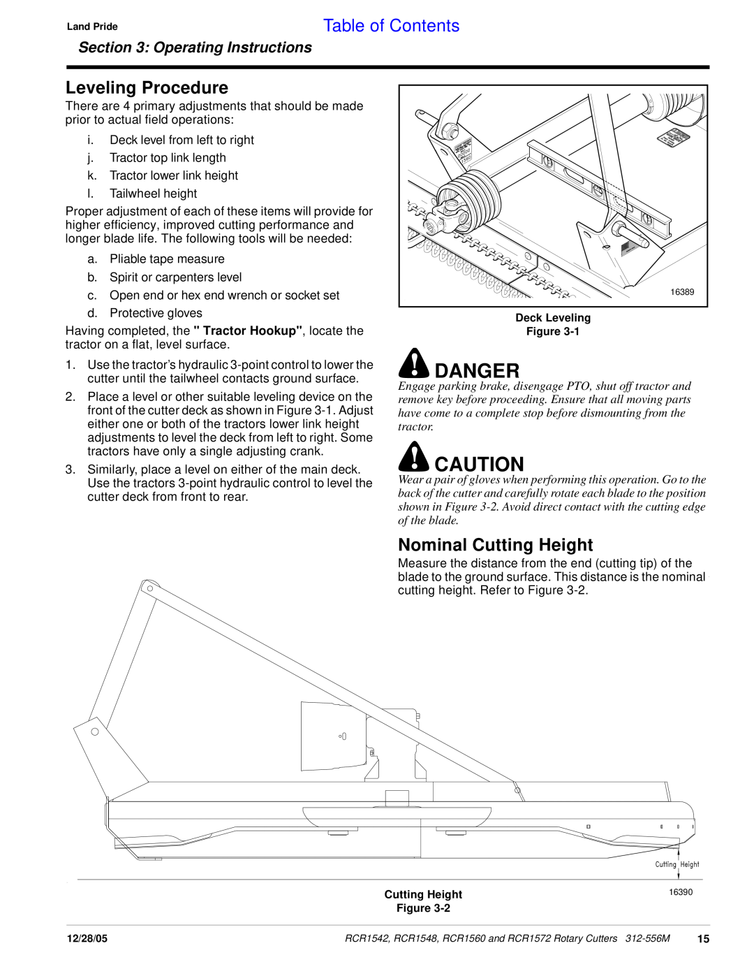Land Pride RCR1572, RCR1560 Leveling Procedure, Nominal Cutting Height, Danger, Table of Contents, Operating Instructions 