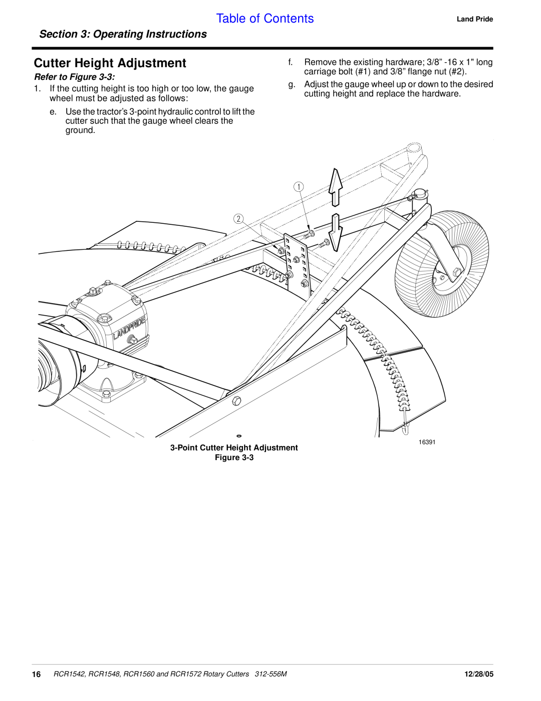 Land Pride RCR1542, RCR1560, RCR1572 Cutter Height Adjustment, Table of Contents, Operating Instructions, Refer to Figure 