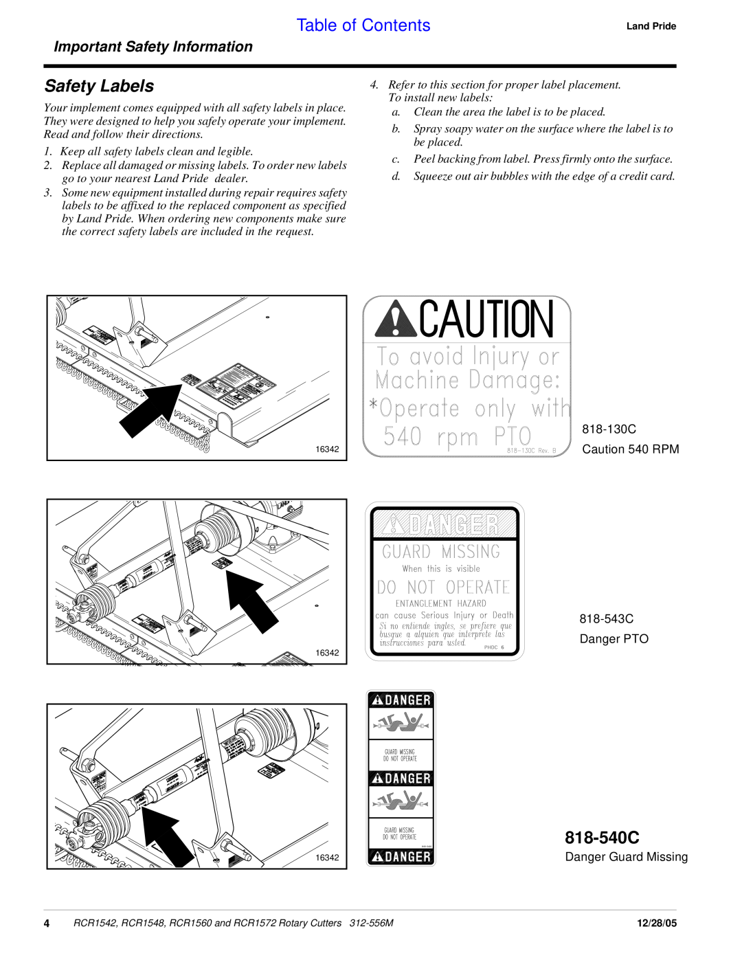 Land Pride RCR1542, RCR1560, RCR1572, RCR1548 manual Safety Labels, 818-540C, Table of Contents, Important Safety Information 
