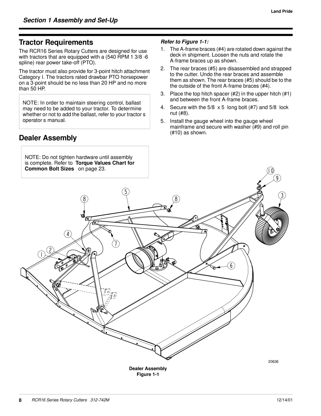 Land Pride RCR16 Series manual Tractor Requirements, Dealer Assembly, Assembly and Set-Up 