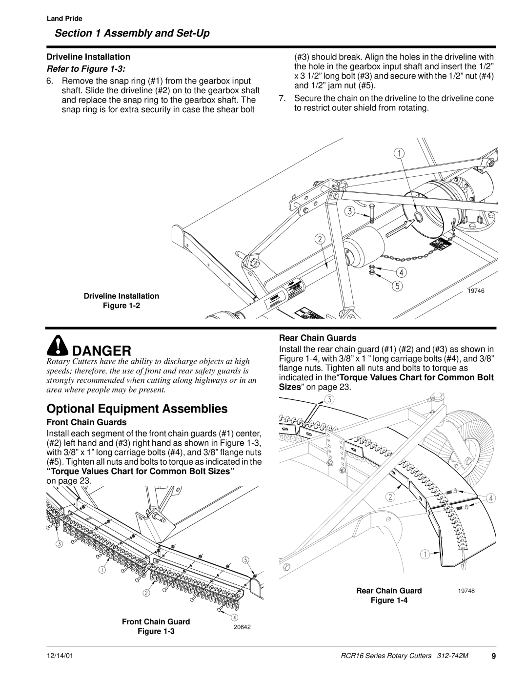 Land Pride RCR16 Series manual Optional Equipment Assemblies, Driveline Installation, Rear Chain Guards, Front Chain Guards 