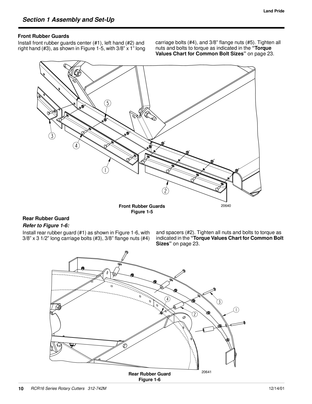 Land Pride RCR16 Series manual Front Rubber Guards, Rear Rubber Guard 