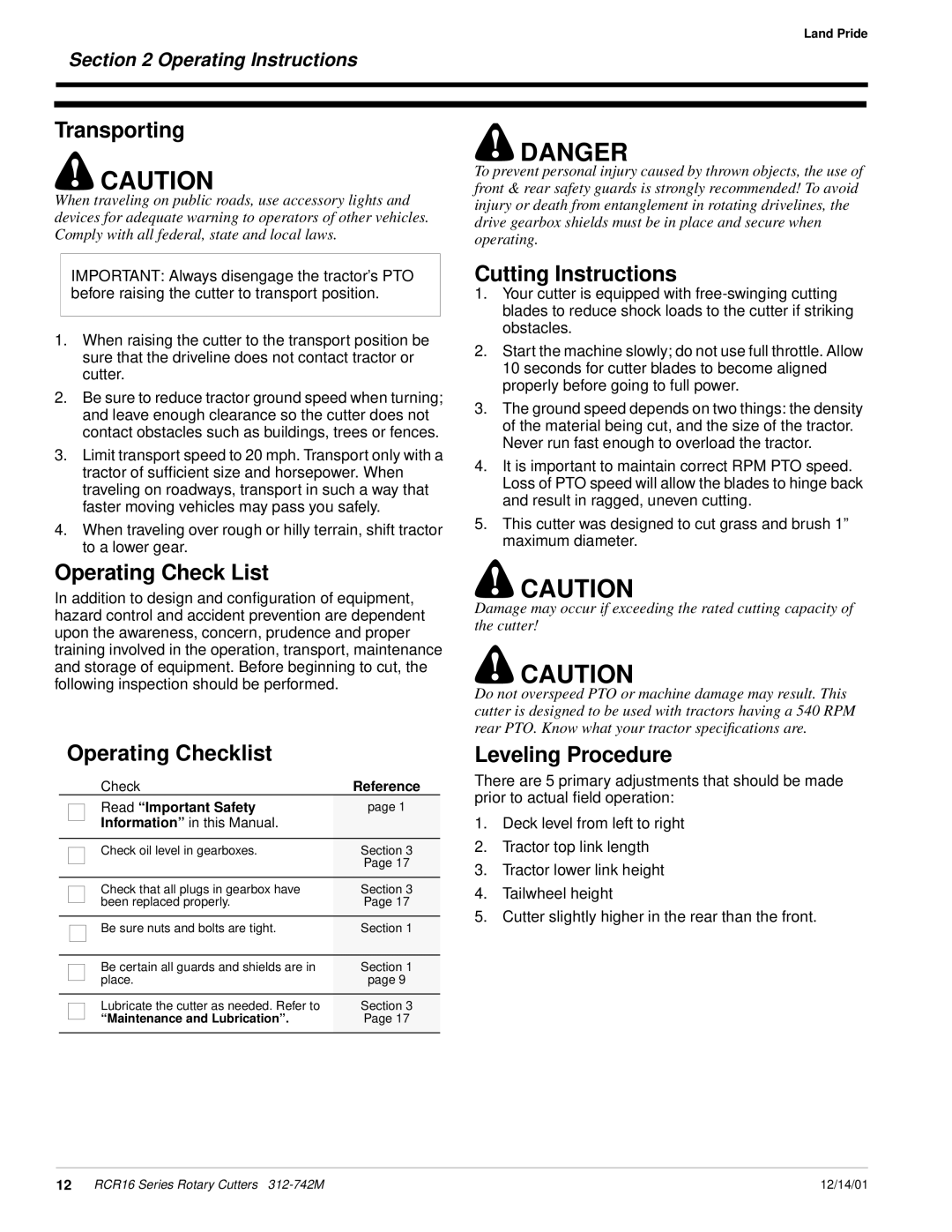 Land Pride RCR16 Series Transporting, Cutting Instructions, Operating Check List, Operating Checklist, Leveling Procedure 