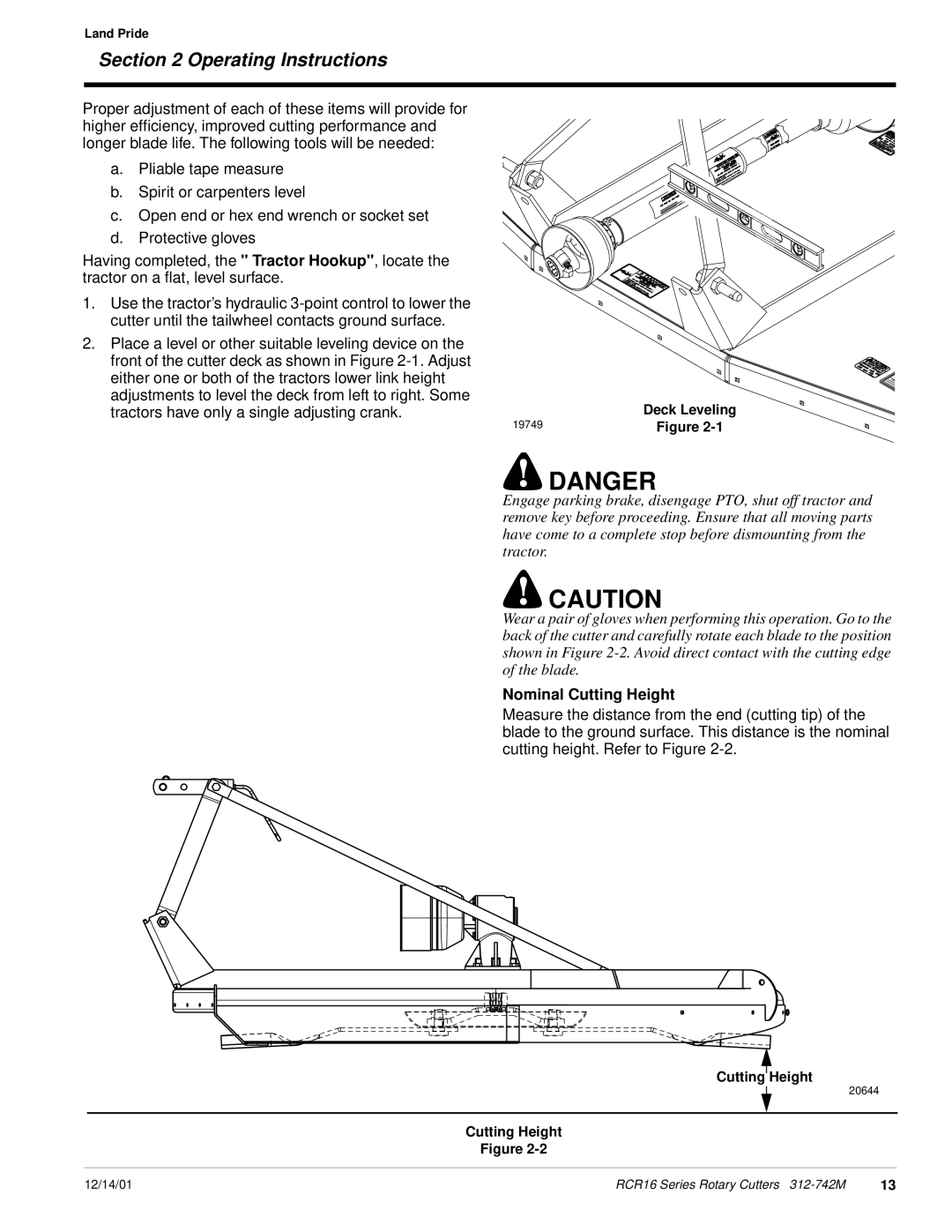 Land Pride RCR16 Series manual Tractors have only a single adjusting crank, Nominal Cutting Height 