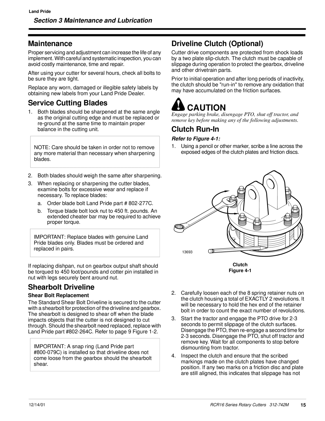Land Pride RCR16 Series Maintenance, Driveline Clutch Optional, Service Cutting Blades, Shearbolt Driveline, Clutch Run-In 