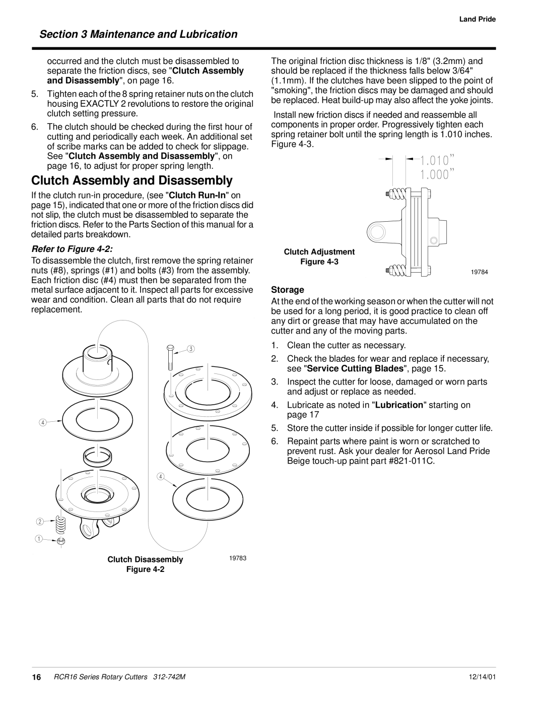 Land Pride RCR16 Series manual Clutch Assembly and Disassembly, Storage 