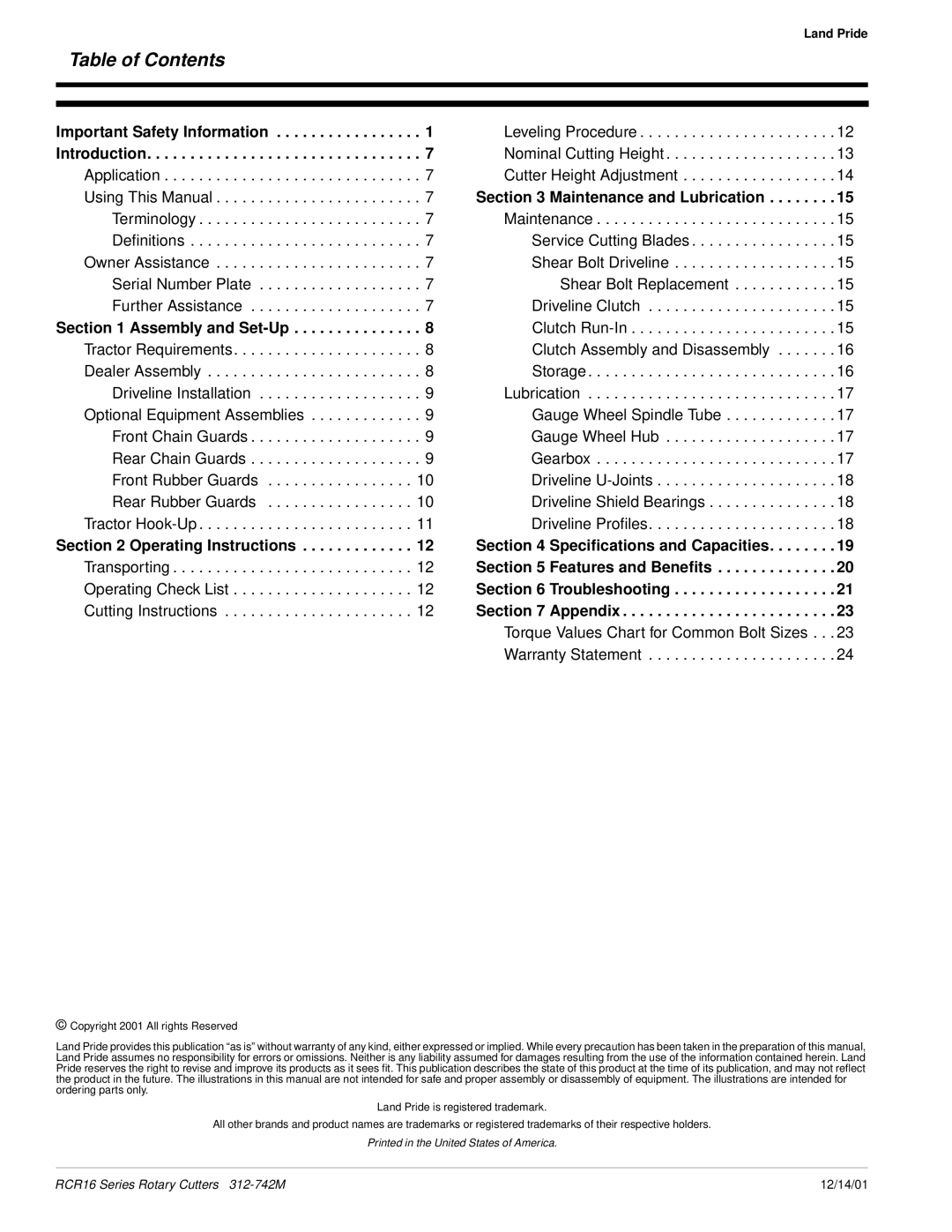 Land Pride RCR16 Series manual Table of Contents 