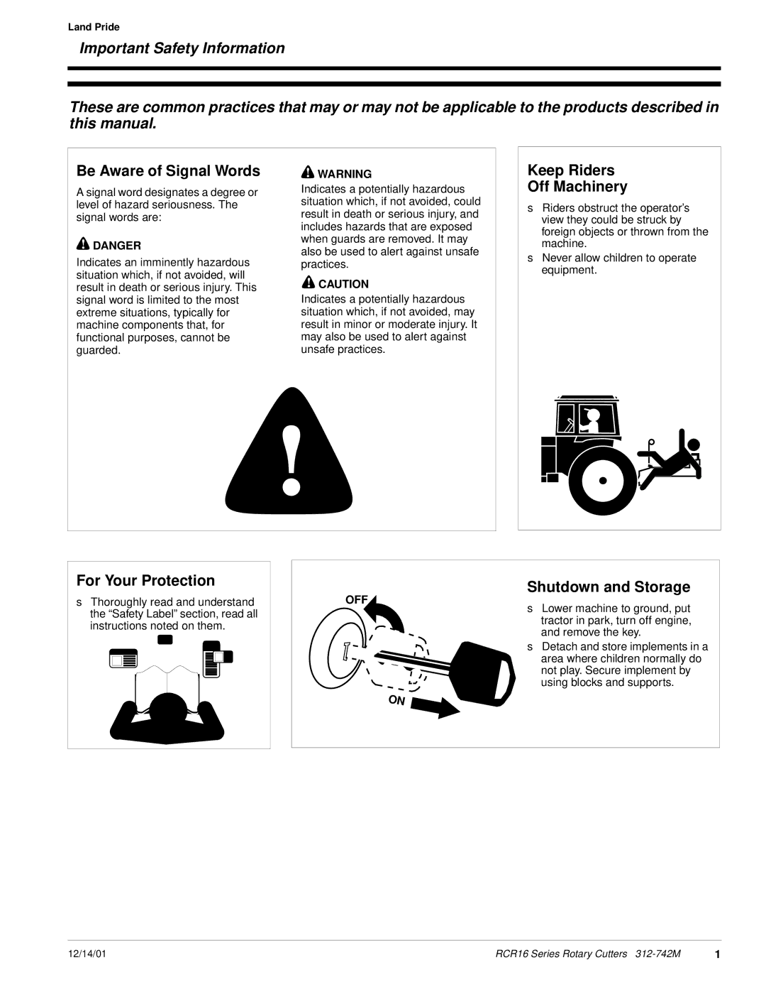 Land Pride RCR16 Series manual Be Aware of Signal Words 